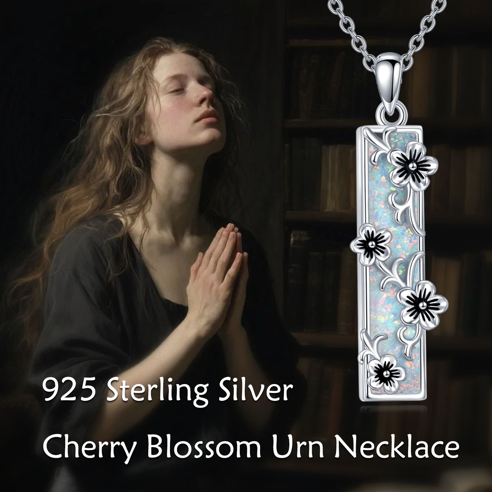 925 Sterling Silver Cherry Blossom Urn Pendant Necklace with Opal